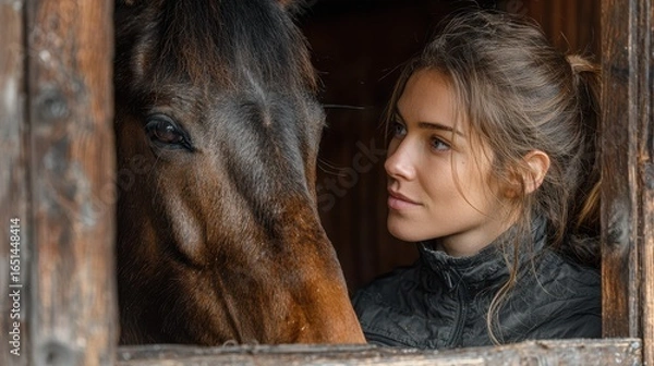 Fototapeta Young woman interacts with a horse in a stable while enjoying a quiet moment together