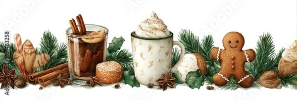 Fototapeta Delicious holiday treats and beverages arranged with decorative greenery and spices