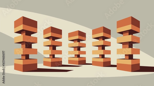 Fototapeta A minimalist illustration of five stacked block structures in a row on a light background