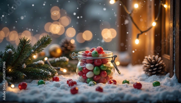 Fototapeta Christmas Candy Jar: Festive Red, Green, and White Candies in Snowy Winter Setting with Warm Lights.