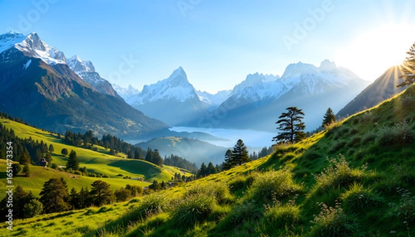 Fototapeta Discover the Breathtaking Beauty of Alpine Mountains at Sunrise Glow