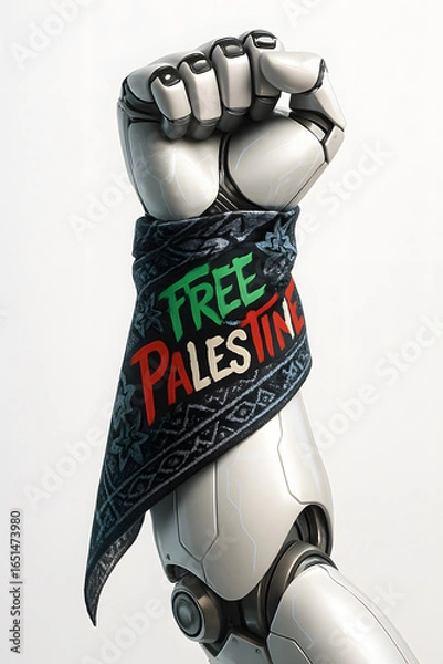Fototapeta Robotic Arm in Powerful Fist, "Free Palestine" Bandana,  Digital 3D Render,  Solidarity Protest Concept.