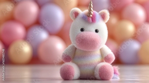 Fototapeta Colorful plush unicorn toy sits on a smooth surface in front of pastel-colored balloons at a festive celebration