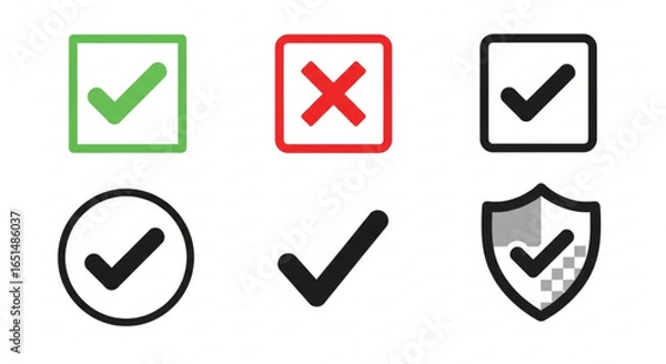 Fototapeta Checkmarks and Cross Marks with Security Shield on a White Background