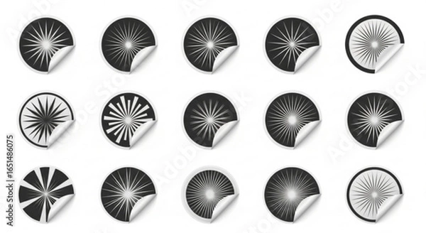 Fototapeta Black burst stickers with curled corner on white, vector graphic elements