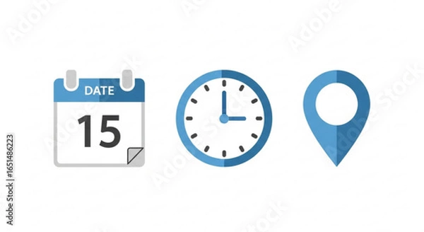 Fototapeta Calendar, Clock, and Location Pin Icons for Scheduling and Appointments