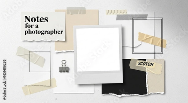 Fototapeta Paper Stationery Mockup with Torn Edges and Tape Pieces on Textured Surface