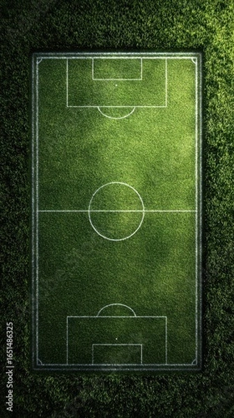 Fototapeta Soccer field viewed from above with vibrant green grass and white lines during midday