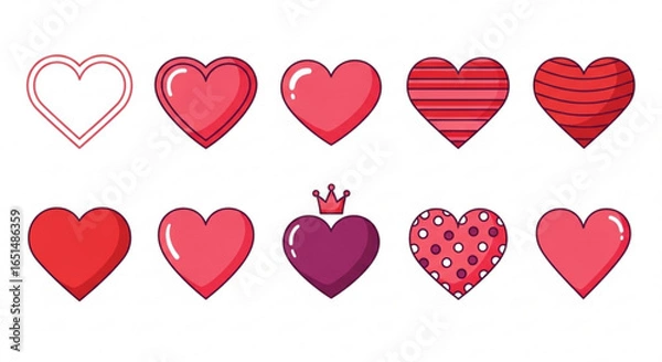 Fototapeta Collection of Red Hearts with Different Patterns on a White Background