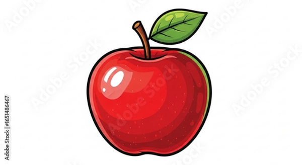 Fototapeta Shiny red apple with a green leaf on a plain background, fruit illustration