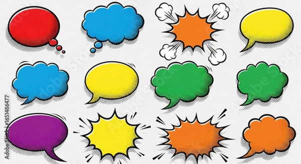 Fototapeta Colorful comic speech bubbles with halftone effect on a bright background
