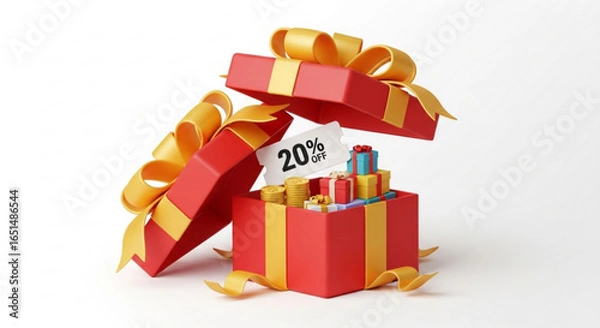Fototapeta Red gift box with gold ribbon and 20 percent off coupon on a plain background