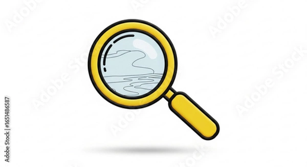 Fototapeta Yellow magnifying glass with landscape inside on a white background, search