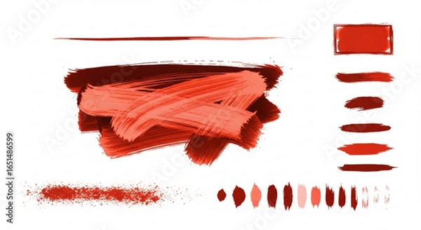 Fototapeta Red Paintbrush Strokes, Splatters, and Shapes on a Clean White Background