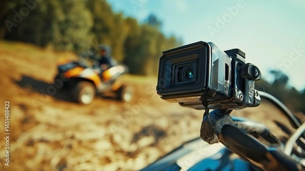 Fototapeta GoPro camera mounted on ATV helmet during off-road adventure in a sunny forest setting