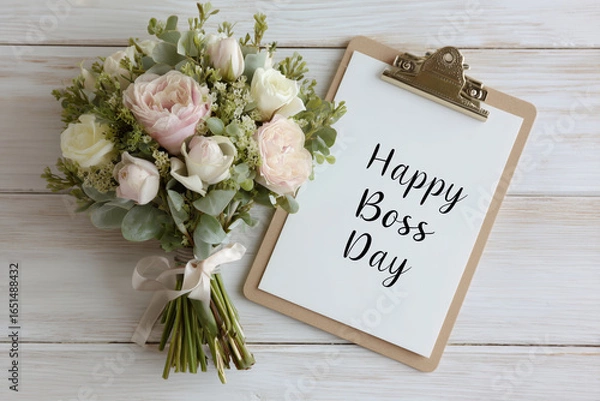Obraz Elegant flat lay with a beautiful pastel flower bouquet and a clipboard displaying “Happy Boss Day” message on a white wooden background. Perfect for office celebration or greeting concept