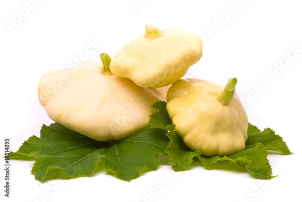 Obraz Scallop squash and green leaves on white background