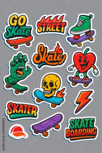 Fototapeta "Vibrant skateboarding stickers featuring bold text, monsters, skulls, shoes, and flames on a bright blue background."