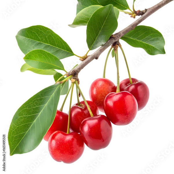 Fototapeta Group of ripe red cherries on a branch isolated on transparent background