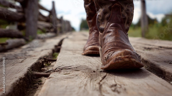 Fototapeta A close-up of spurred cowboy boots walking on wooden boardwalks