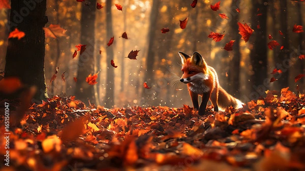 Fototapeta A vibrant autumn forest with a curious red fox peeking through fallen leaves, every whisker in crisp detail 