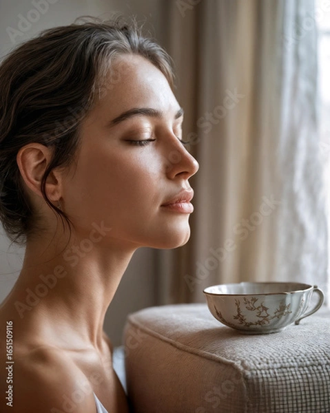 Obraz Serene Young Woman Enjoying Morning Coffee Mindfulness Self-Care Ritual
