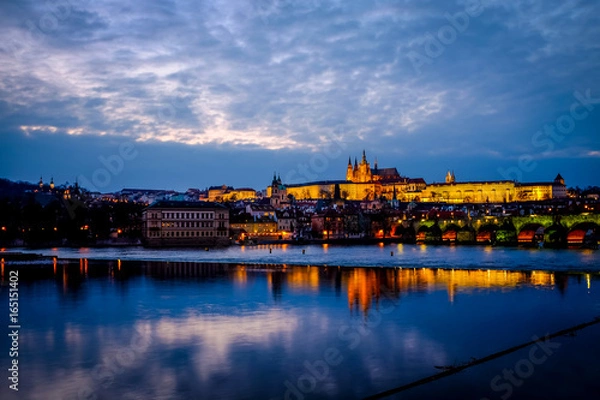 Obraz Prague Castle, Charles Bridge, and St. Vitus Cathedral in twilight at Prague, Czech Republic. 