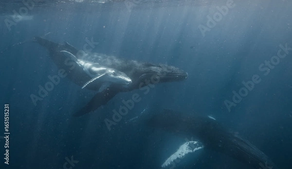 Fototapeta A humpback whale and her calf glide peacefully just below the ocean’s surface. This underwater snapshot captures a tender moment between the gentle giants in their natural blue habitat.