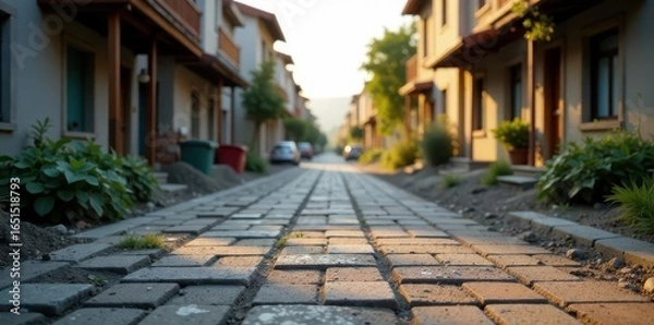 Fototapeta Rough street paving blocks, construction backdrop, Seetu Mansion glimpse,  perspective,  fragment