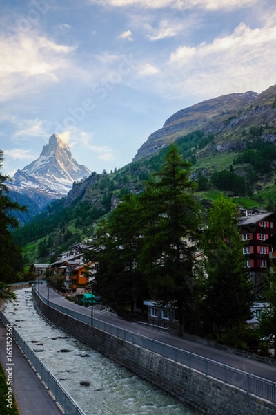 Obraz Beautiful village with Matterhorn in the background at Zermatt, Switzerland.