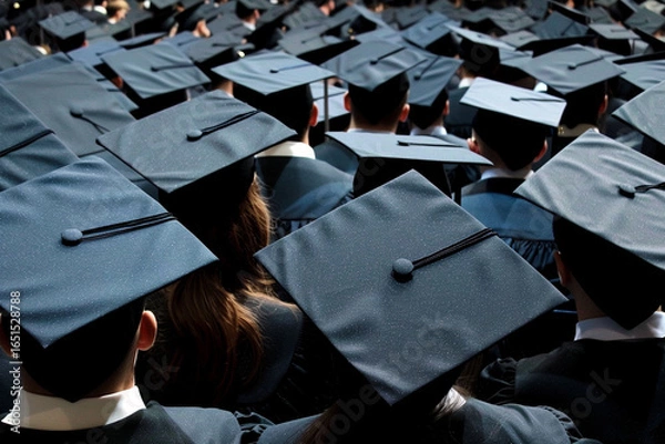 Fototapeta Crowd of Graduates Wearing Caps Viewed from Behind