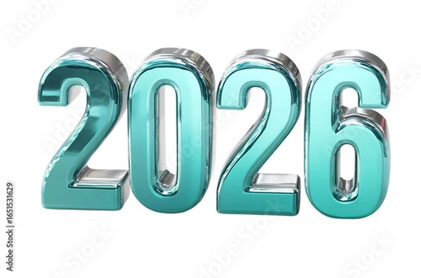 Fototapeta Teal chrome renders "2026." Shiny, smooth surface. Year display for invitations, posters, branding.