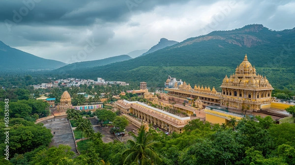 Fototapeta A panoramic shot of the lush hills surrounding Tirupati temple complex