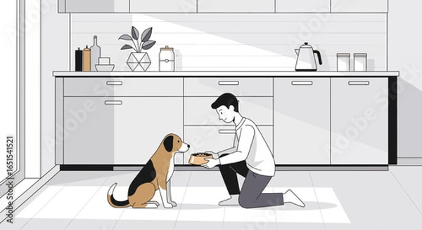 Fototapeta Man Feeding His Dog In A Modern Kitchen Sketch Illustration