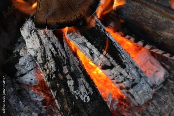 Fototapeta Charred Logs with Grey Ash and Flames