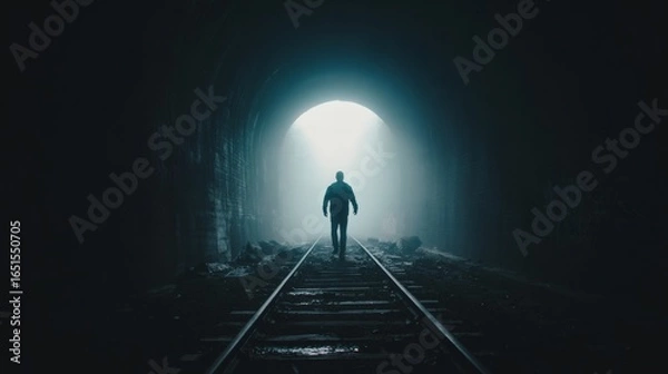 Fototapeta Lonely Silhouette in Dark Tunnel with Light at the End
