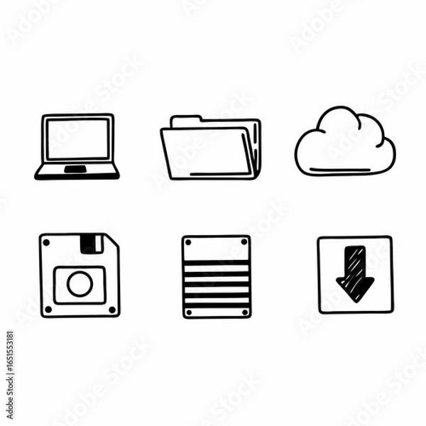 Fototapeta Hand drawn laptop, folder, cloud, floppy disk icons isolated on white background