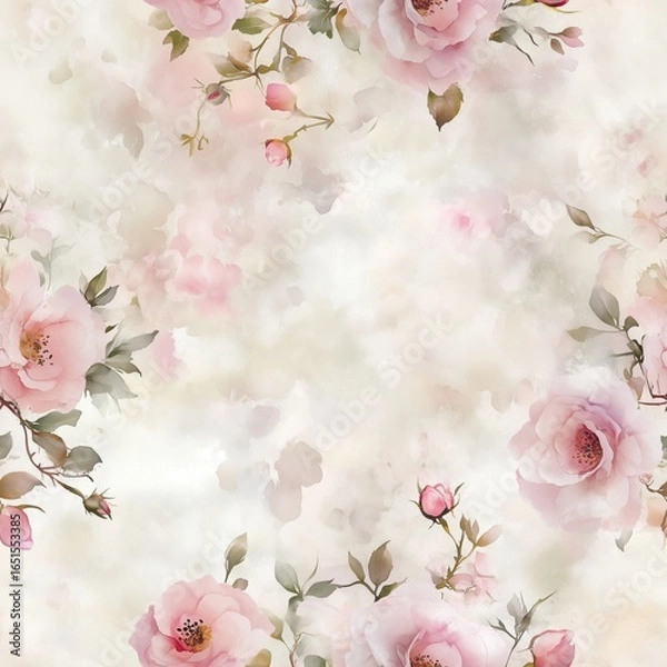 Fototapeta Soft pink watercolor roses and buds with subtle green leaves forming a border on a dreamy, textured light pink and white background, perfect for gentle designs.