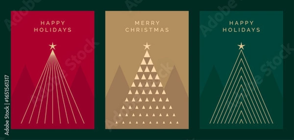Obraz Elegant Christmas Card Design Template Set. Luxury Christmas Greeting Card Vector Designs with Geometric Christmas Tree Illustrations. Modern Design for Merry Christmas or Happy Holidays Greeting Card