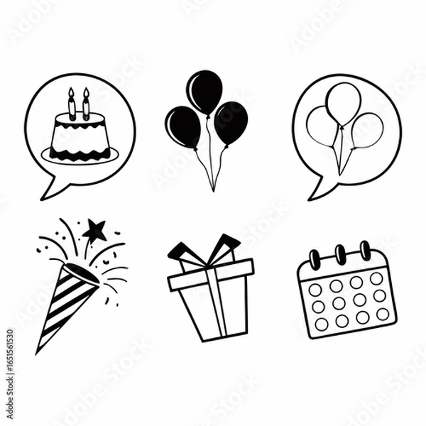 Fototapeta Birthday party icons isolated on white background featuring cake, balloons, presents, and calendar for celebrations and special events