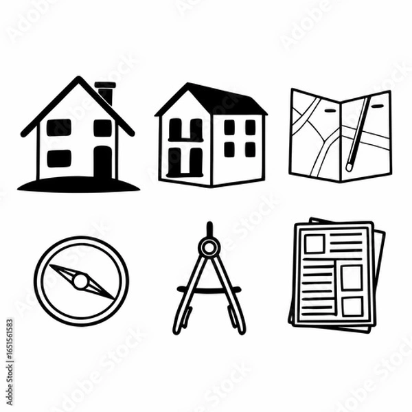 Obraz Real estate icons isolated on white background depicting houses, maps, compass, dividers, and newspapers for finding the perfect home