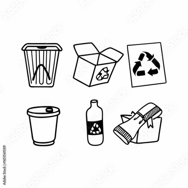 Fototapeta Hand drawn recycling symbols of waste materials such as paper, plastic, glass, food and others isolated on white background