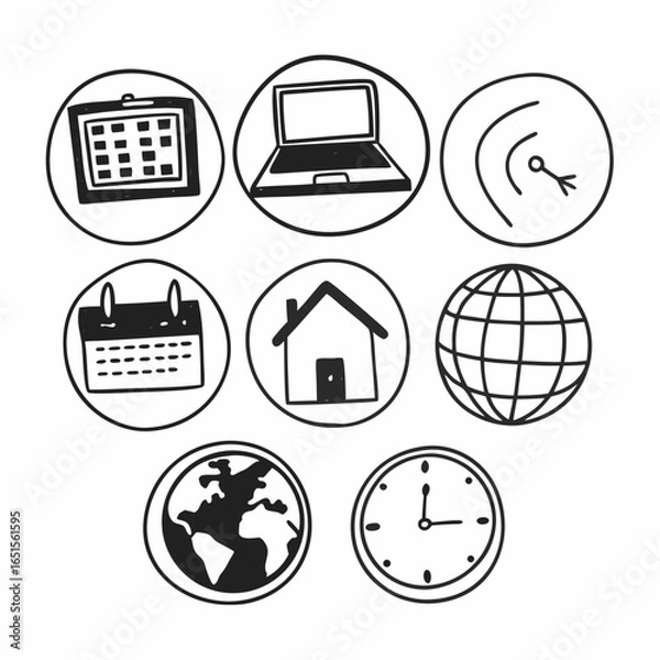 Fototapeta Collection of hand drawn icons representing business, communication, technology and time isolated on white background