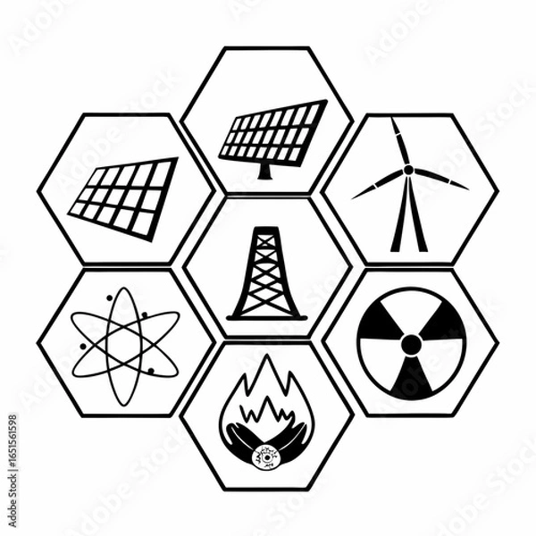 Obraz Various energy sources in hexagon shapes isolated on white background, including solar, wind, nuclear, and flame, representing power generation and sustainability
