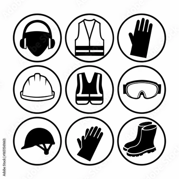 Fototapeta Safety equipment icons set protective gear, including helmet, gloves, vest, earmuffs, boots, and glasses isolated on white background