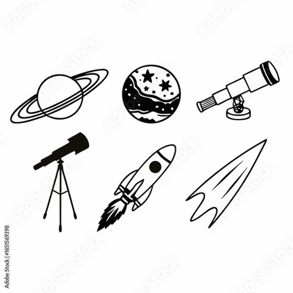 Fototapeta A collection of space icons featuring planets, telescopes, a rocket, and a comet, perfect for educational or design projects, isolated on white background