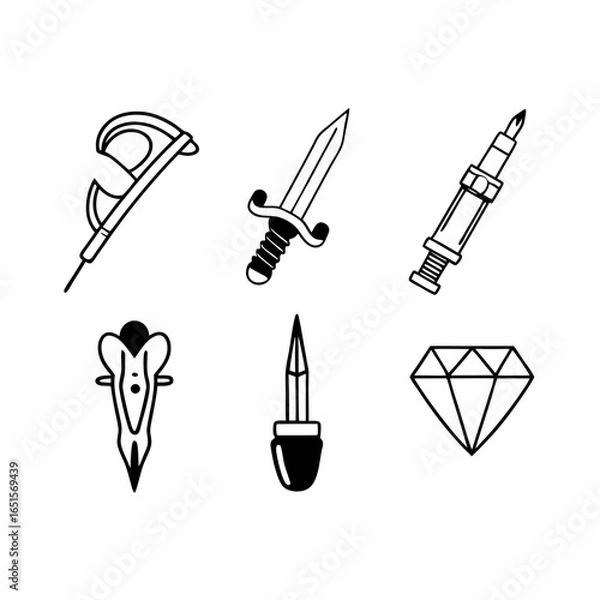 Fototapeta Collection of fantasy weapons and gems in a minimalist hand drawn style, isolated on white background daggers, swords and diamonds icons