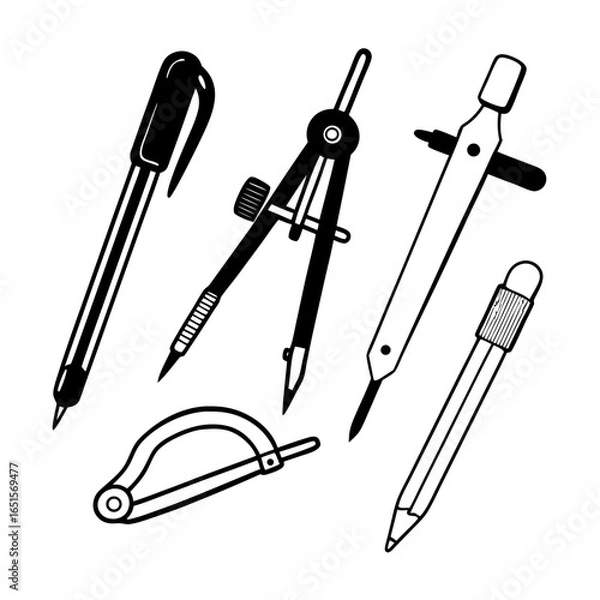 Fototapeta Technical drawing tools including compasses, dividers, pens, and pencils for precise drafting and engineering, isolated on white background