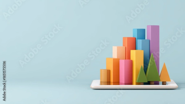 Fototapeta A colorful bar chart on a tablet display, representing data analysis and visualization in a modern, minimalistic style.