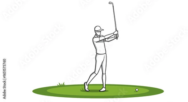 Fototapeta Golfer in a dynamic swing pose, a minimalist black and white line art illustration of a man playing on a green.